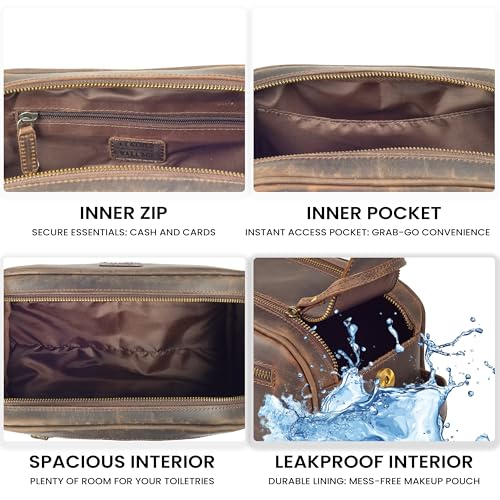 LEATHER VILLAGE Genuine Leather Toiletry Travel Bag With Waterproof Lining - Brown | King-Size Handcrafted Vintage Dopp Kit Bag, Shaving & Bathroom Organizer, Gift for Men & Women - color: Distressed Brown