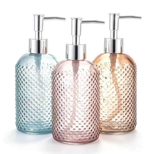 3 Pack Assorted Glass 15 Ounce Lotion Soap Dispenser Bottle with Pump for Bathroom, Kitchen - color: Assorted/15 Oz