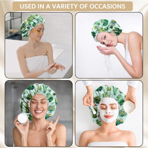 Shower Cap Adjustable Waterproof Double Layer Elastic Reusable Hair Bath Cap Cute Aesthetic for Women Girls-Cactus - color: R14-Cactus