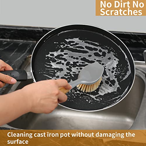 2 Pack Kitchen Dish Brush Bamboo Handle Dish Scrubber Built-in Scraper, Scrub Brush for Pans, Pots, Kitchen Sink Cleaning, Dishwashing and Cleaning Brushes are Perfect Cleaning Tools, Color-Gray - style: Gray