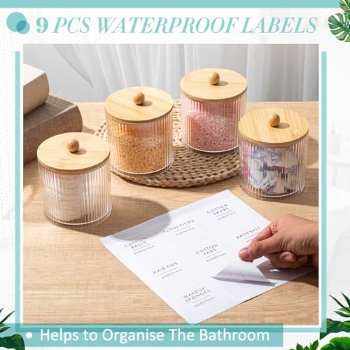 Yaomiao 6 Pcs Ribbed Bathroom Canisters Apothecary Jars with Wood Color Bamboo Lids and Label Stickers, 18 oz Plastic Canister with Fluted Design for Cotton Ball, Swab, Floss Picks House Storage - color: Wood Color