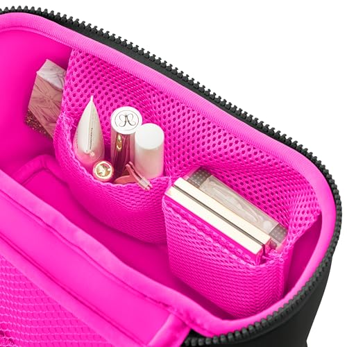 KUSSHI Neoprene Train Case Makeup Bag - Washable Makeup Travel Bag & Vanity Case for Stress Free Travel (Small, Black/Pink) - color: Black/Pink, size: Small