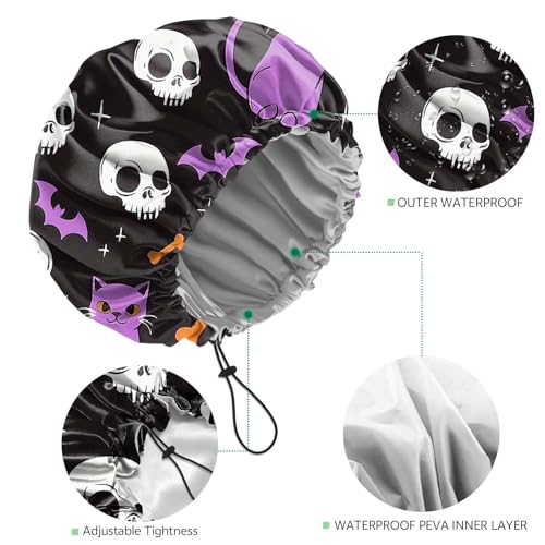 2 PCS Shower Cap Waterproof Double Layer Elastic Adjustable Reusable Hair Bath Caps for Girls Women Cute Aesthetic-Skull Cat - color: G6-Skull Cat