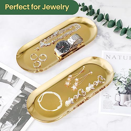 2PACK Gold Decorative Tray, Bathroom Vanity Tray for Dresser Counter, Stainless Steel Jewelry Dish Tray for Decor, Perfume Ring Key Candle Organizer Tray, Oval - color: Gold