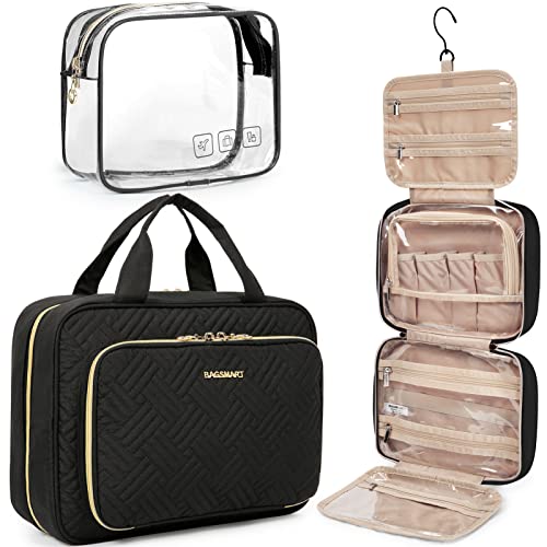 BAGSMART Toiletry Bag Hanging Travel Makeup Organizer with TSA Approved Transparent Cosmetic Bag Makeup Bag for Full Sized Toiletries, Large-Blck - color: Black, size: Large