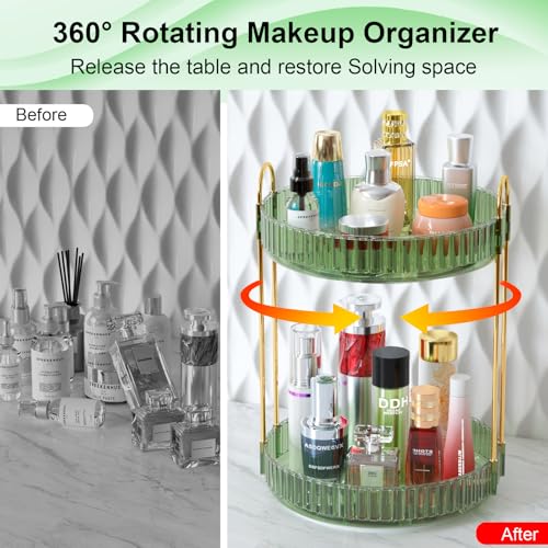 GTI 360°Rotating Makeup Organizer, 2 Tier Bathroom Counter Organizer,Large Capacity Perfume Cosmetics Skincare Vanity Organizers, Dresser Spinning Countertop Organizer and Storage for Women (Green) - color: Green