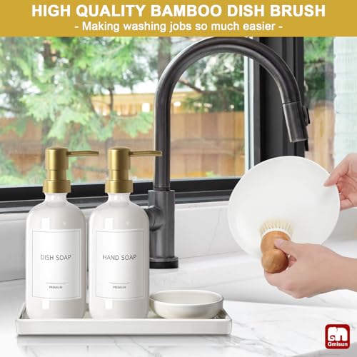 GMISUN Kitchen Soap Dispenser, 16 Oz Kitchen Dish Soap Dispenser Set with Ceramic Tray & Bamboo Brush, 2Pcs Farmhouse Dish Soap Dispenser for Kitchen, Modern White Glass Liquid Hand Soap Dispenser - color: White Bottles + Gold Pumps