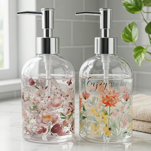 Topadorn Glass Soap Dispenser Set of 2, 17oz Refillable Hand & Dish Soap Dispensers with Pump, Floral Kitchen Soap Bottles with Enjoy the Day Design for Bathroom Counter - color: Soft Pink Flower