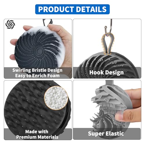 2 Pcs Larger Silicone Body Scrubber&Scalp Massager Hair Growth,Dual Sided Dual-Use,Exfoliating Body Scrubber,Wet&Dry Brush for Hair Massager Scalp,Silicone Shower Scrubber (Black and Gray) - color: Black and Gray