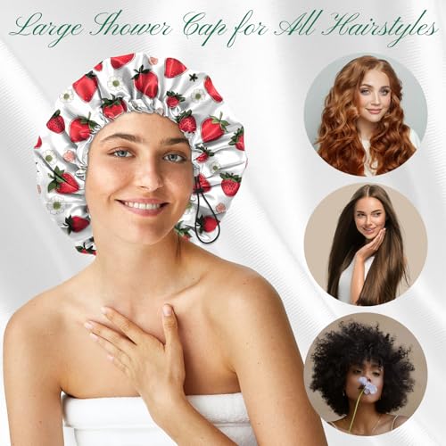 2 PCS Shower Cap Waterproof Double Layer Elastic Adjustable Reusable Hair Bath Caps for Girls Women Cute Aesthetic-Red Pink - color: G15-Red Pink