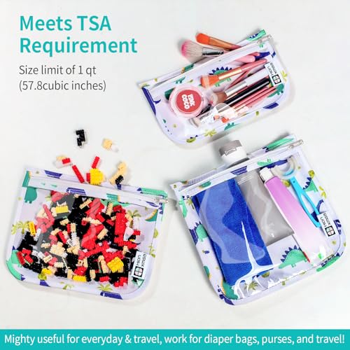 HIONXMGA TSA Approved Toiletry Bag, Set of 3 Clear Travel Toiletry Bag Quart Size Zipper Travel Pouch, Waterproof Makeup Cosmetic Bag for Women Men Kids Toiletries Carry on, Dinosaur White - color: Dinosaur White, Mixed Sizes