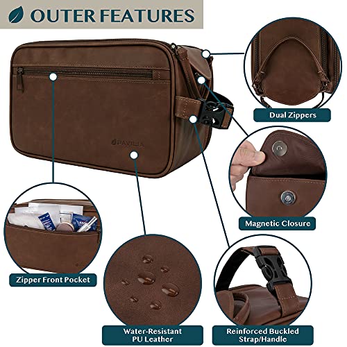 PAVILIA Toiletry Bag for Men, Travel Essentials Shaving Dopp Kit, Mens Travel Bag Toiletries Organizer Case for Grooming, PU Leather Water Resistant Cosmetic Bag Pouch (XL, Dark Brown) - color: Dark Brown, size: Extra Large (12x6x7)