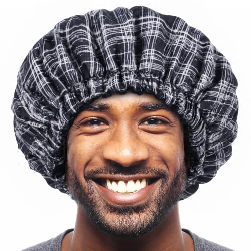 Shower Cap for Men Black Bath Cap, Reversible Terry Lined Large Waterproof Adjustable Shower Caps Elastic Band Stretch Hem Hair Hat for braids - color: Shadow Plaid