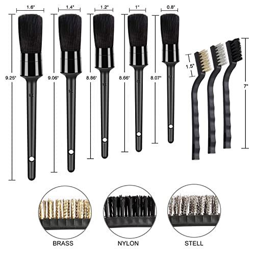 HMPLL 9pcs Auto Car Detailing Brush Set/ Interior Cleaning Kit Includes 5 Soft Premium Detail Brush, 3 Wire Brush & 1 Vent Cleaning Brush for Cleaning Interior, Dashboard, Engines, Leather, Wheel - color: black
