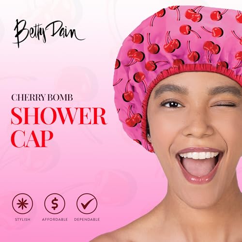 Betty Dain Reusable Bath and Shower Cap, Oversized Waterproof Shower Cap for All Hair Lengths, Frosted PEVA Lining, Elastic Stretch Hem, Ruched with Satin Bow, Cherry Bomb - color: Cherry Bomb