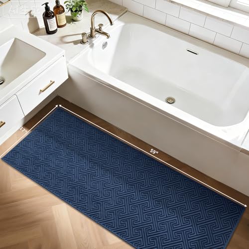 YIHOUSE Navy Blue Bathroom Runner Rugs 17"x59", Quick Dry Non Slip Long Bath Rug, Absorbent Machine Washable Thin Bath Mat for Restroom Floor Tub Laundry Room Home Decor - color: Navy Blue, size: 1'5" x 4'11" (Rectangular)