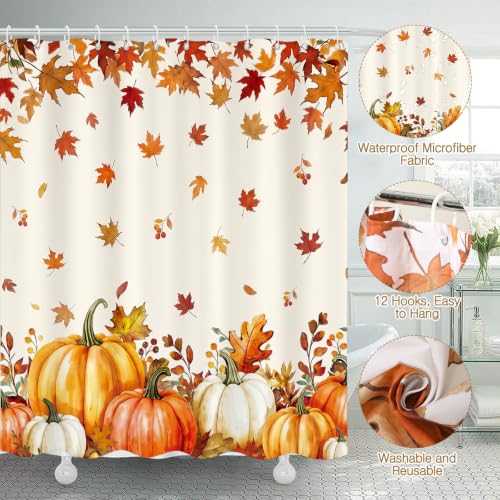 Haull 7 Pcs Fall Pumpkin Shower Curtain Set for Bathroom Autumn Leaves Non Slip Rug Toilet Lid Cover Bath Mat Towels with 12 Hooks Fall Waterproof Shower Curtain for Bathroom Autumn Thanksgiving Decor - style: Fall Pumpkin