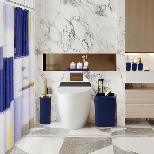 XLHOMO Blue and Gold Bathroom Accessories Set, Bathroom Sets with Shower Curtain, Blue Bathroom Accessories with Trash Can, Soap Dispenser, Soap Dish, Toilet Brush Holder, Qtip Holders for Bathroom - color: Plaid Blue & Gold, size: Complete Set