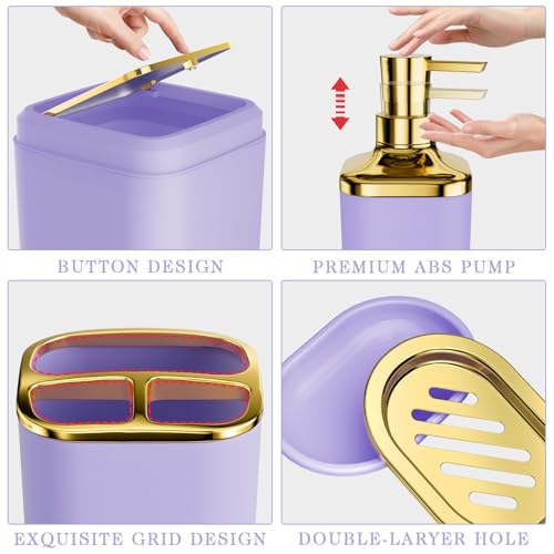 XLHOMO Bathroom Accessories Set - Luxury Purple Bathroom Set, 9 Pieces Bathroom Accessory Set, Purple Bathroom Accessories with Trash Can, Toilet Brush & Soap Dispenser - color: Purple & Gold, size: Bathroom Set