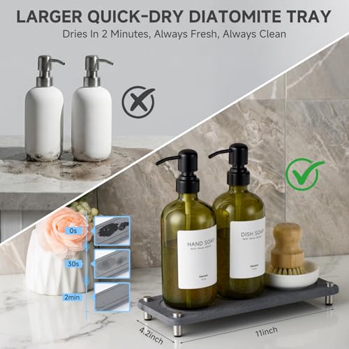 2 Pack Kitchen Soap Dispenser Set - 16oz Green Glass Dish and Hand Soap Dispenser with Stainless Steel Pump, Instant Dry Tray, Dish Brush & Holder, Refillable Countertop Sink Decor for Kitchen & Bath - color: Green