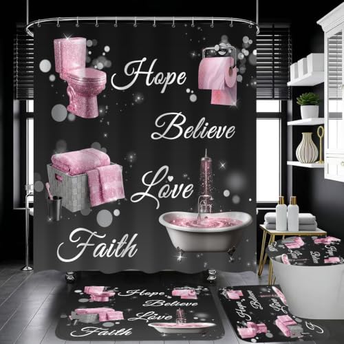 4 Piece Shower Curtain Set with Rugs, Inspirational Quotes Hope Believe Love Faith Bathroom Decor, Pink and Black Chic Aesthetic Bath Curtain with 12 Hooks, Non-Slip Mat - color: Pink Bath