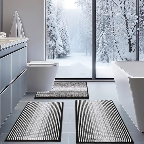 BSICPRO Bathroom Rugs Sets 3 Piece, Toilet Rugs U-Shaped Contour Bath Mat Set, Striped Absorbent Non Slip Chenille Shower Mat, Black - color: Black, size: 20"x32"+16"x24"+U Shape 20"x24"