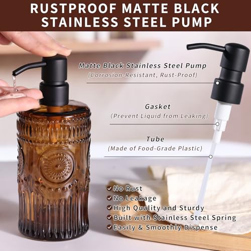 17 OZ Sunflower Embossed Glass Soap Dispenser - 2 Pack, with 304 Rust Proof Stainless Steel Pump, Glass Soap and Lotion Dispenser Set, Liquid Hand Soap Dispenser for Home, Kitchen & Bathroom (Amber) - color: Amber
