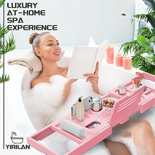 Premium Bathtub Tray Caddy, Expandable Bath Tray, Unique House Warming Gifts, New Home, Anniversary and Wedding Gifts for Couple, Pink - color: Pink