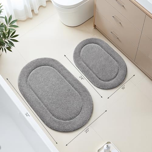 HOMEIDEAS Bathroom Rugs Sets 2 Piece, Soft Bathroom Mats and Absorbent Microfiber Machine Washable Bath Mats for Shower Room, Bathtub, Kitchen (20" x 32" + 16" x 24", Grey) - color: Grey