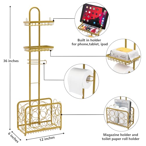Oasis Creations Toilet Paper Holder Tissue Rack Stand with Magazine Toilet Roll Storage Basket- Freestanding, Gold Metal - color: Gold