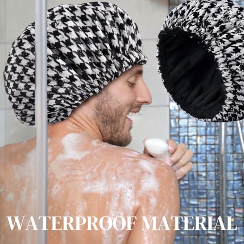 Shower Cap for Men Black Bath Cap, Reversible Terry Lined Large Waterproof Adjustable Shower Caps Elastic Band Stretch Hem Hair Hat for braids - color: Black Houndstooth