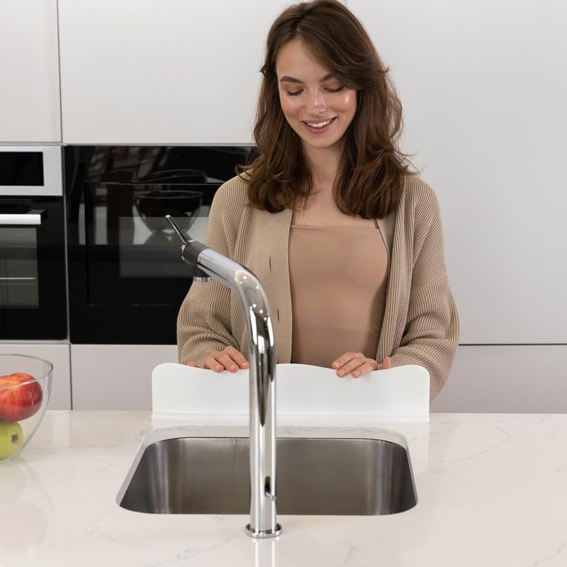 TYOARO Silicone Sink Splash Guard - Water Splash Guard for Kitchen, Island and Bathroom - Secure Non-Slip Suction Cup Base - Dishwasher Safe, White (17.4 x 1.7 x 3.6") - color: Bright White