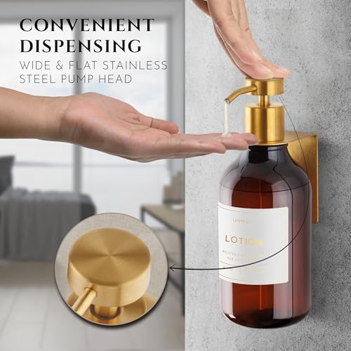Shower Shampoo Dispenser Wall Mounted – 3 Refillable 16.9 oz Amber Bottles with Stainless Steel Pumps & No-Drill Adhesive Holders – Soap Dispenser Set for Bathroom (3 X Amber/Gold) - color: 3 X Amber/Gold