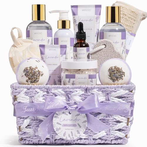 Mothers Day Birthday Gifts for Women, Lavender Relaxing Spa Gift Baskets for Women Self Care Package Bath Gift Set, Home Bath and Body Kit Pamper Gifts for Womens Her Mom Friends Wife Girlfriend Wife - color: Purple-Lavender