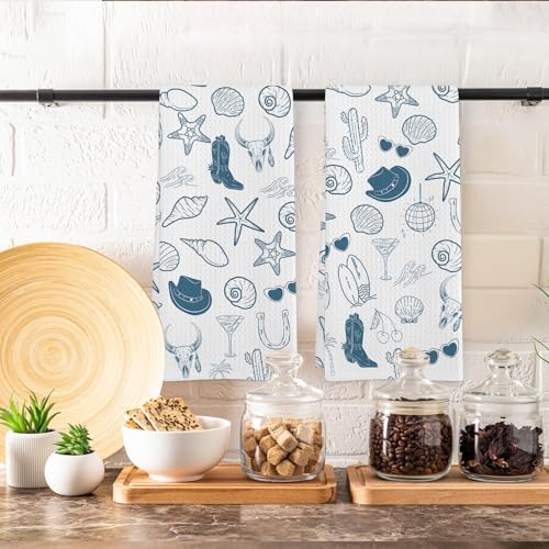 Coastal Cowgirl Kitchen Towels Set of 2, Blue Western Cowboy Boots Seashell Dish Tea Towels for Kitchen, Preppy Beach Summer Hand Towel for Bathroom, Coastal Western Gifts, 16x24 Inch - color: Coastal Cowgirl