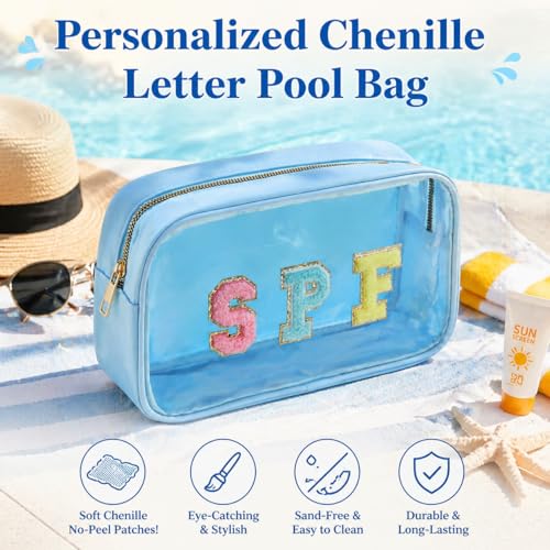 SPF Cosmetic Bag - Women’s Clear Beach Makeup Organizer with Chenille Letters, PVC Waterproof Toiletry Pouch for Sunscreen, Pool, Travel & Swimming - style: Blue-spf