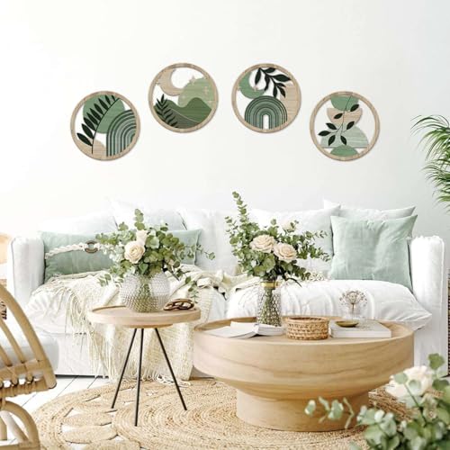 TOARTi 4PCS Green Botanical Wooden Wall Art Bohemian Hanging Art Farmhouse Geometric Wooden Wall Decor Aesthetic Plants Artwork Boho Minimalist Wall Decor for Bedroom Living Room - color: Boho Green Wooden Wall Art