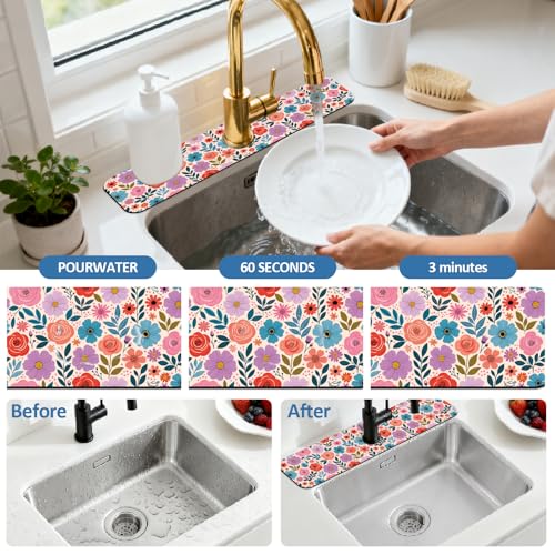 2 Pcs Kitchen Sink Splash Guard Faucet Mat Colorful Spring Flowers Faucet Mat for Sinks Absorbing Drying Mats for Kitchen Bathroom, 23.6x5.5inch - color: Spring Flowers