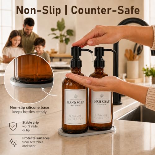 Fachixy Amber Glass Soap Dispenser (2 Pack), 16 Fl Oz Hand & Dish Soap Dispenser Bottles Set with Leak-Resistant Stainless Steel Pump, Non-Slip Pad, 14 Waterproof Labels for Kitchen and Bathroom - color: Brown