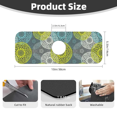 Blue Green Gray Flower Chrysanthemum 15" X 5.5" Kitchen Sink Splash Guard Faucet Faucet Guard Draining Mat Sink Splash Guard Faucet Kitchen Bathroom - color: Blue Green Gray Flower Chrysanthemum