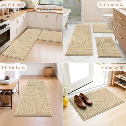 Vaukki Bathroom Rugs Sets 3 Piece, Beige Washable Non Slip Soft Bath Mats for Shower and Tub, Plush Absorbent Microfiber Toilet Rug U Shaped, 48x20+26x18+24x20 Inch - color: Beige, size: 18''x26''+20''x48''+20''x24''