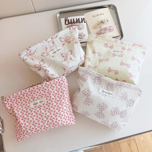 Wudygirl Bow Makeup Bag Small Cosmetic Bag Travel Makeup Pouch for Women Cosmetic Pouch Aesthetic Handbag Zipper 8.3" x 5.9"(Little Pink Bow) - color: Little Pink Bow