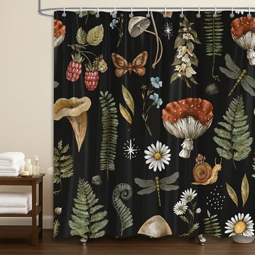 Vintage Mushroom Shower Curtain Sets, Botanical Mushrooms Fern Forest Plants Woodland Nature Witchcraft Bath Curtain, Waterproof Polyester Fabric Bathroom Curtain with Hooks 72 x 72 inch - color: Green Red Black, size: 72"W x 72"L (Pack of 1)