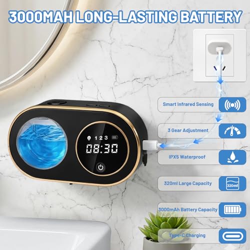 Automatic Soap Dispenser, 320ML Touchless Smart Hand Soap Dispenser, 3 Adjustable Soap Levels, Rechargeable Wall Mounted Electric Foam Soap Dispenser for Bathroom Kitchen Office (Black - T1) - color: Black - T1