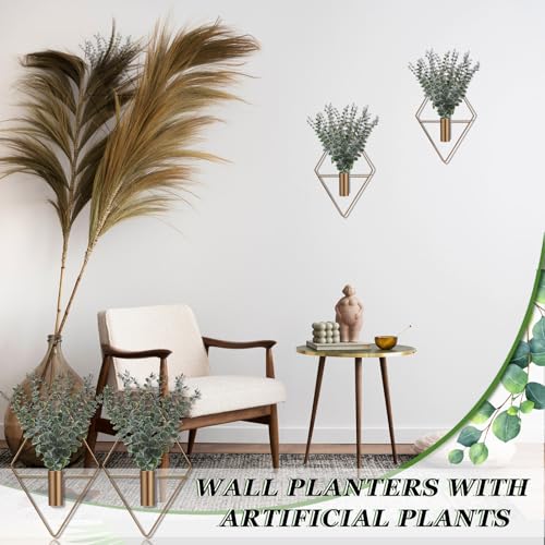 Jexine 4 Pcs Hanging Planters with Artificial Eucalyptus Metal Hanging Vase Indoor Plants Holder Modern Geometric Boho Bathroom Wall Decor for Living Room Home Office (Eucalyptus,Bronze) - color: Antique Copper, size: Eucalyptus