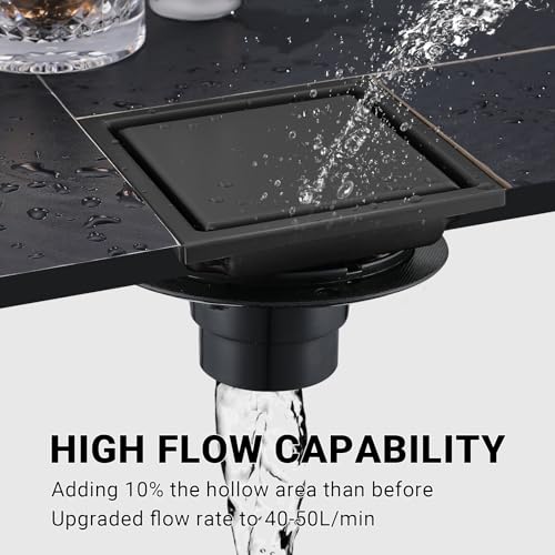 4 Inch Shower Floor Drain, SUS304 Stainless Steel Square Bathroom Floor Drain with Flange Reversible 2-in-1 Cover Insert Tiles for Filtering, Matte Black - color: Matte Black, size: 4 inch-Reversible