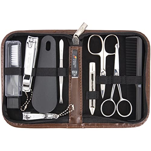 3 Swords Germany - brand quality 10 piece manicure pedicure grooming kit set for professional finger & toe nail care tweezers file clipper fashion leather case in gift box, Made by 3 Swords (01610) - color: BROWN