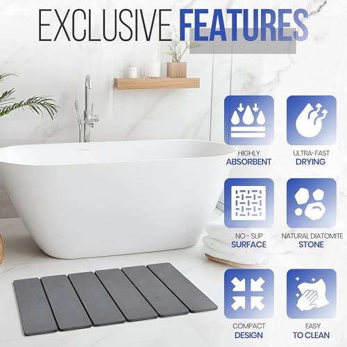 Foldable Diatomaceous Earth Bath Mat, Fast Drying Stone Bathroom Mat, Super Absorbent & Non-Slip, Compact Easy Storage, 23.6 x 15.35 Inch, Grey
