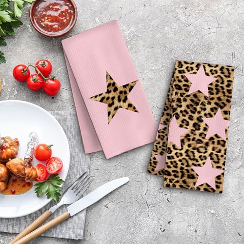 Preppy Pink Leopard Star Kitchen Towels Decorative, Trendy Y2K Girly Cheetah Print Hand Towels for Girls Dorm Bathroom Washroom Spa Yoga Room, 16x24 Inch Set of 2