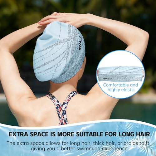 WHALE Extra Large Swim Cap Designed for Men and Women with Thick, Long Hair, Hair Extensions Or Afro-Textured Hair Long-Hair Swim Cap Highly Waterproof to Keep Hair Dry - color: Light blue